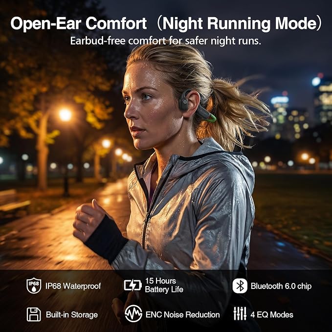 JACKSPACE IP68 Waterproof Bone Conduction Headphones, Bluetooth 6.0, Swimming & Sports, Green